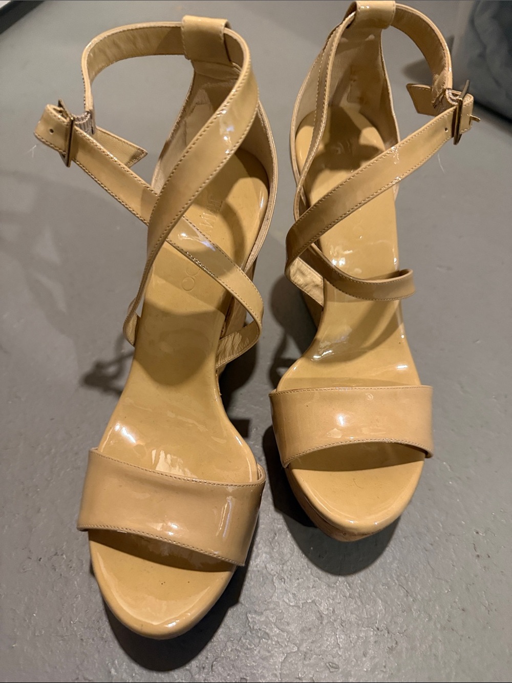 Jimmy Choo Nude Patent Strappy wedge Sandals